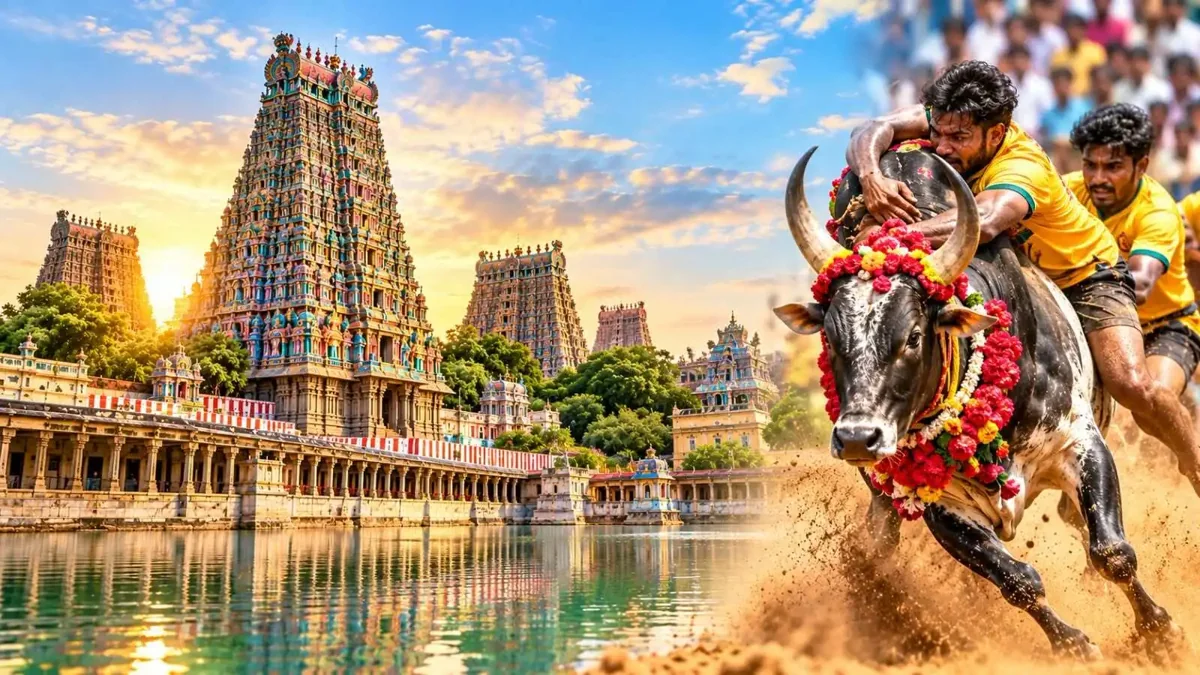 Madurai Meenakshi Amman Temple and Jallikattu cultural artwork