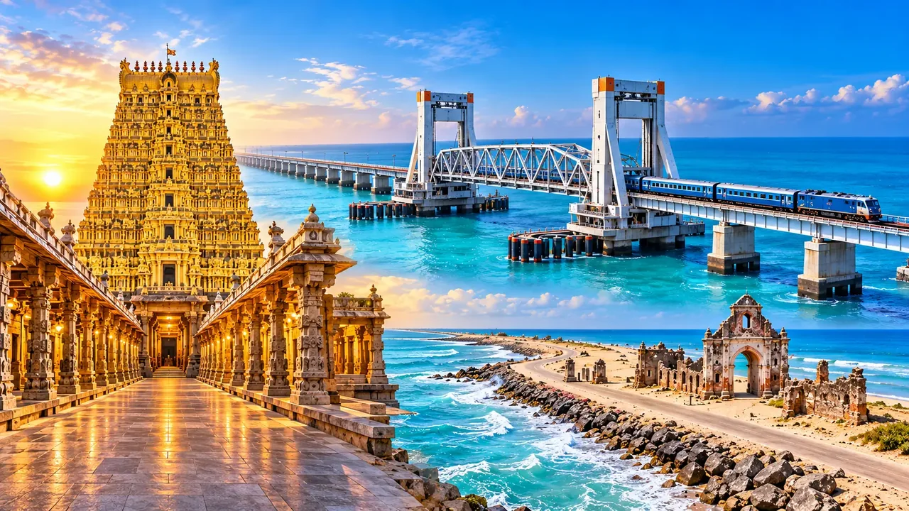 Rameswaram temple and Pamban Bridge