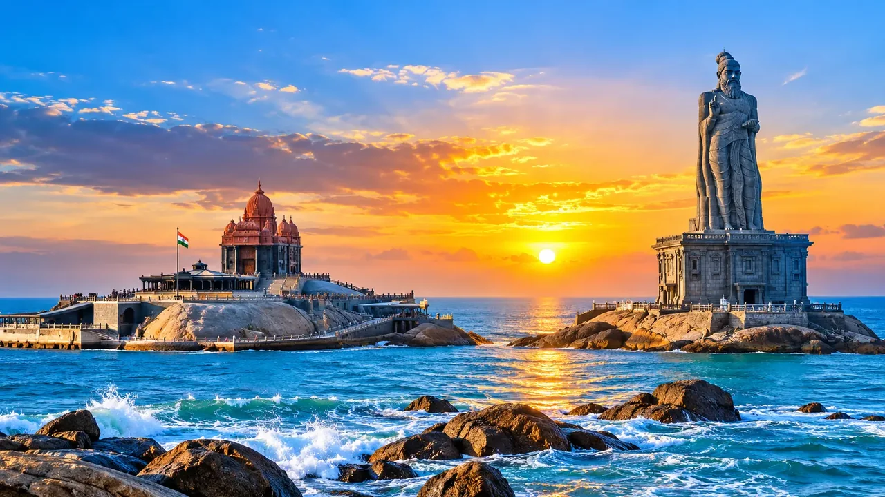 Kanyakumari coastal landmarks, Vivekananda Rock Memorial and Thiruvalluvar Statue