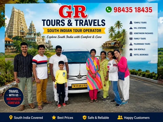 Travellers beside a GR Tours and Travels vehicle